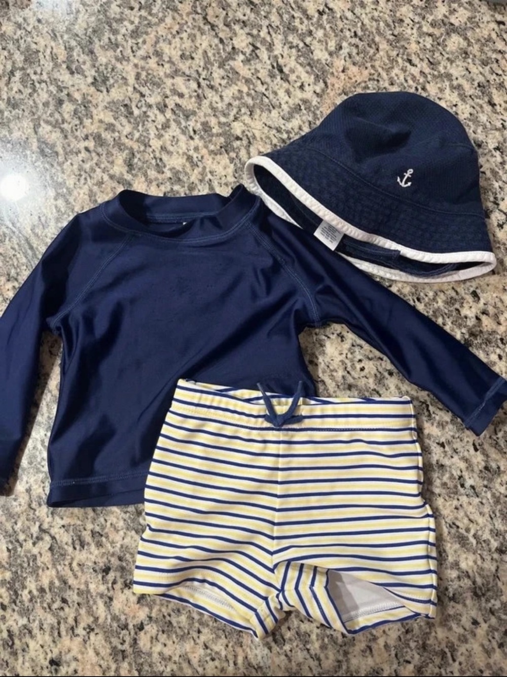 Janie & Jack Kids Navy Rash Guard Set with Striped Swim Shorts and Bucket Hat